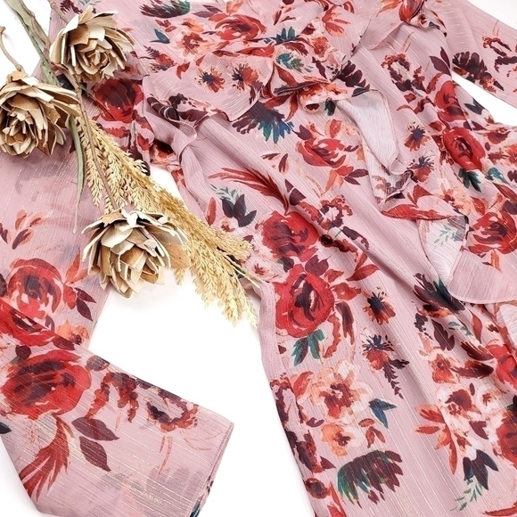 New Lovers + Friends Pink Floral Gold Metallic Stripe Sheer Ruff… - Picture 14 of 16